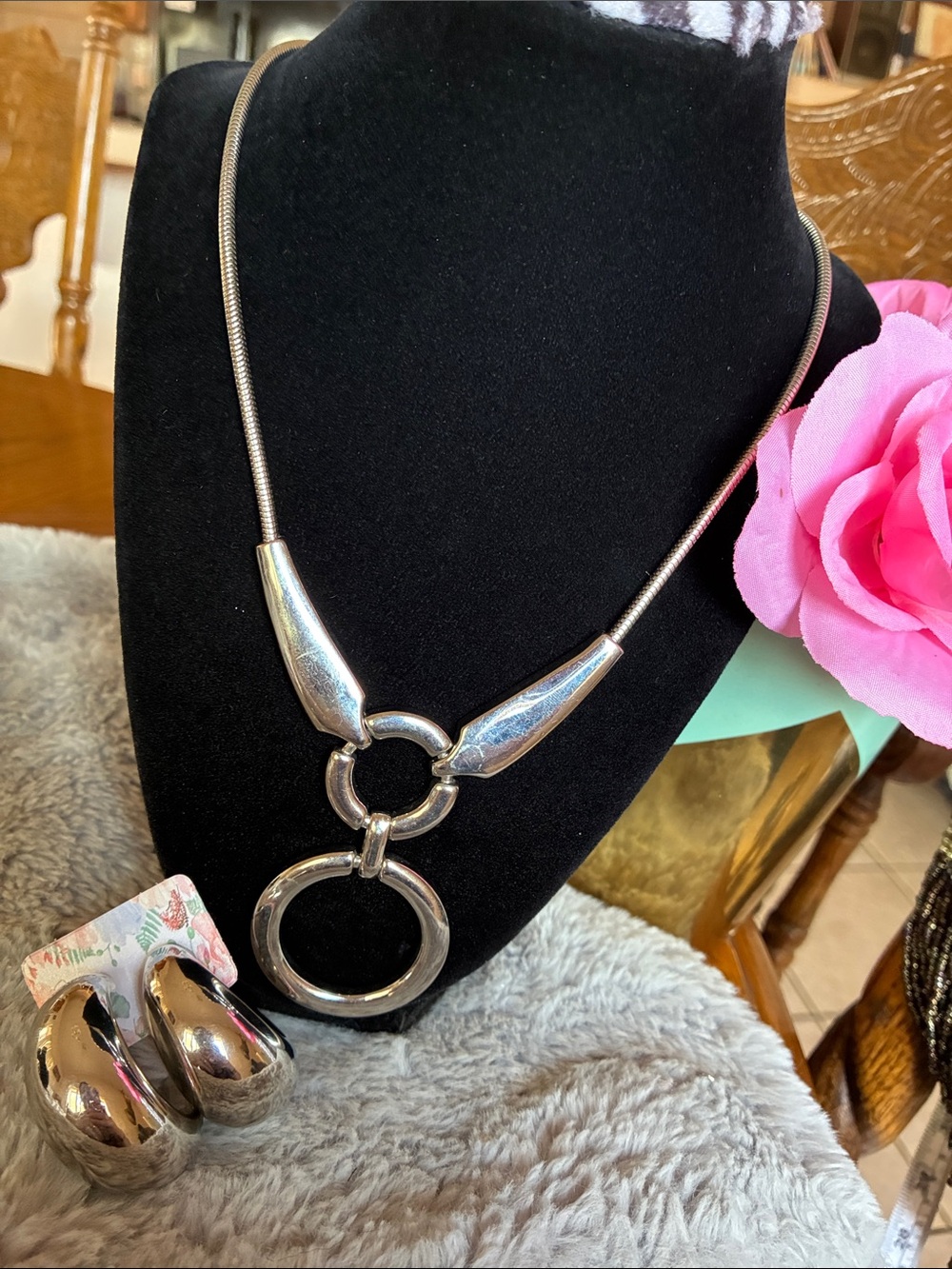 Silver-Tone Double Ring Statement Necklace and Clip-On Earrings